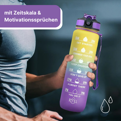 Trinkflasche mit Zeitskala und Motivationssprüchen - bleib fit und vital