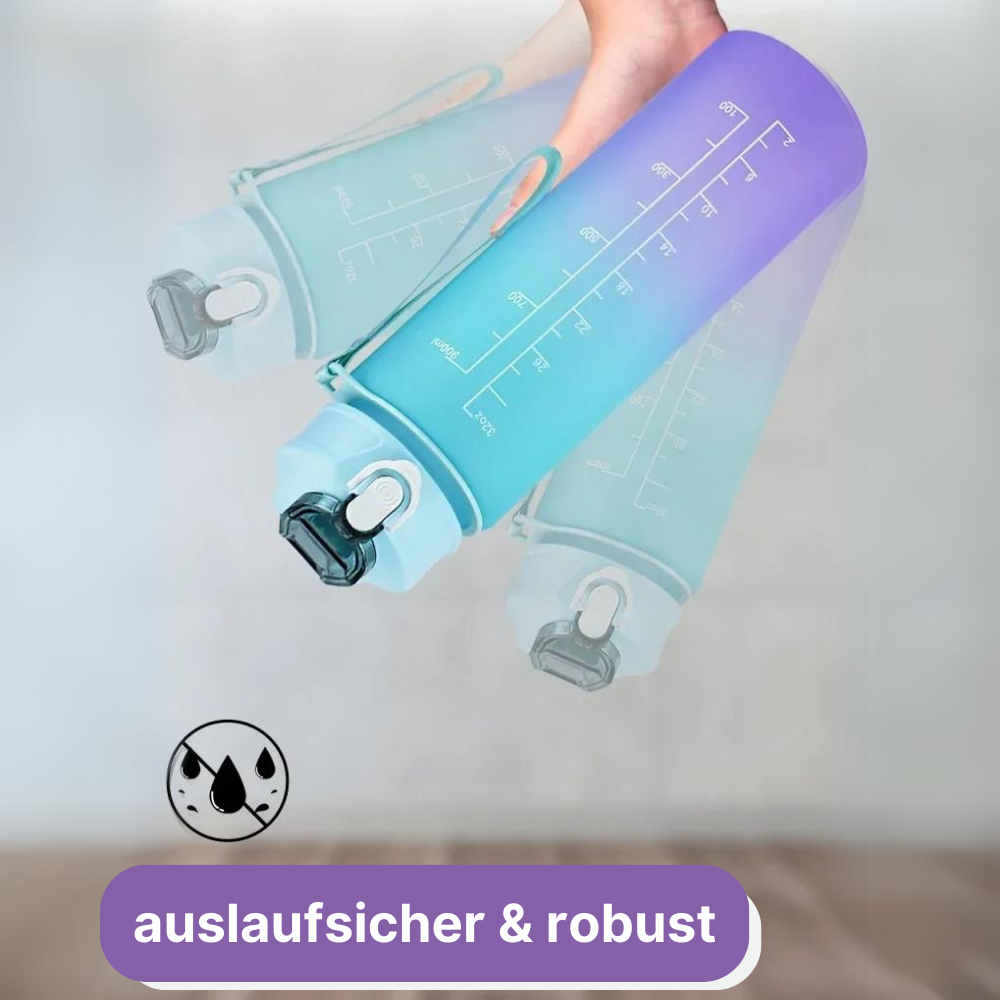 Trinkflasche mit Zeitskala und Motivationssprüchen - bleib fit und vital