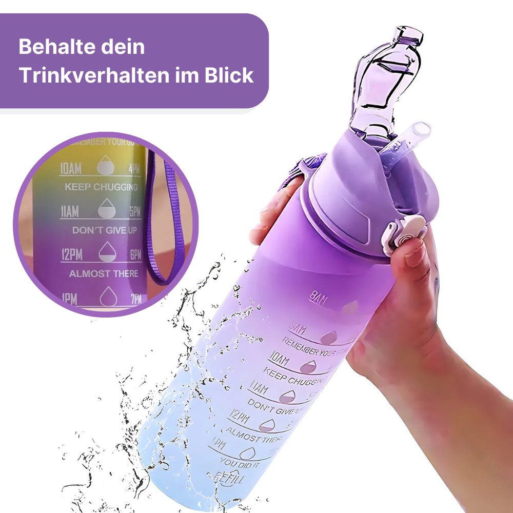 Trinkflasche mit Zeitskala und Motivationssprüchen - bleib fit und vital